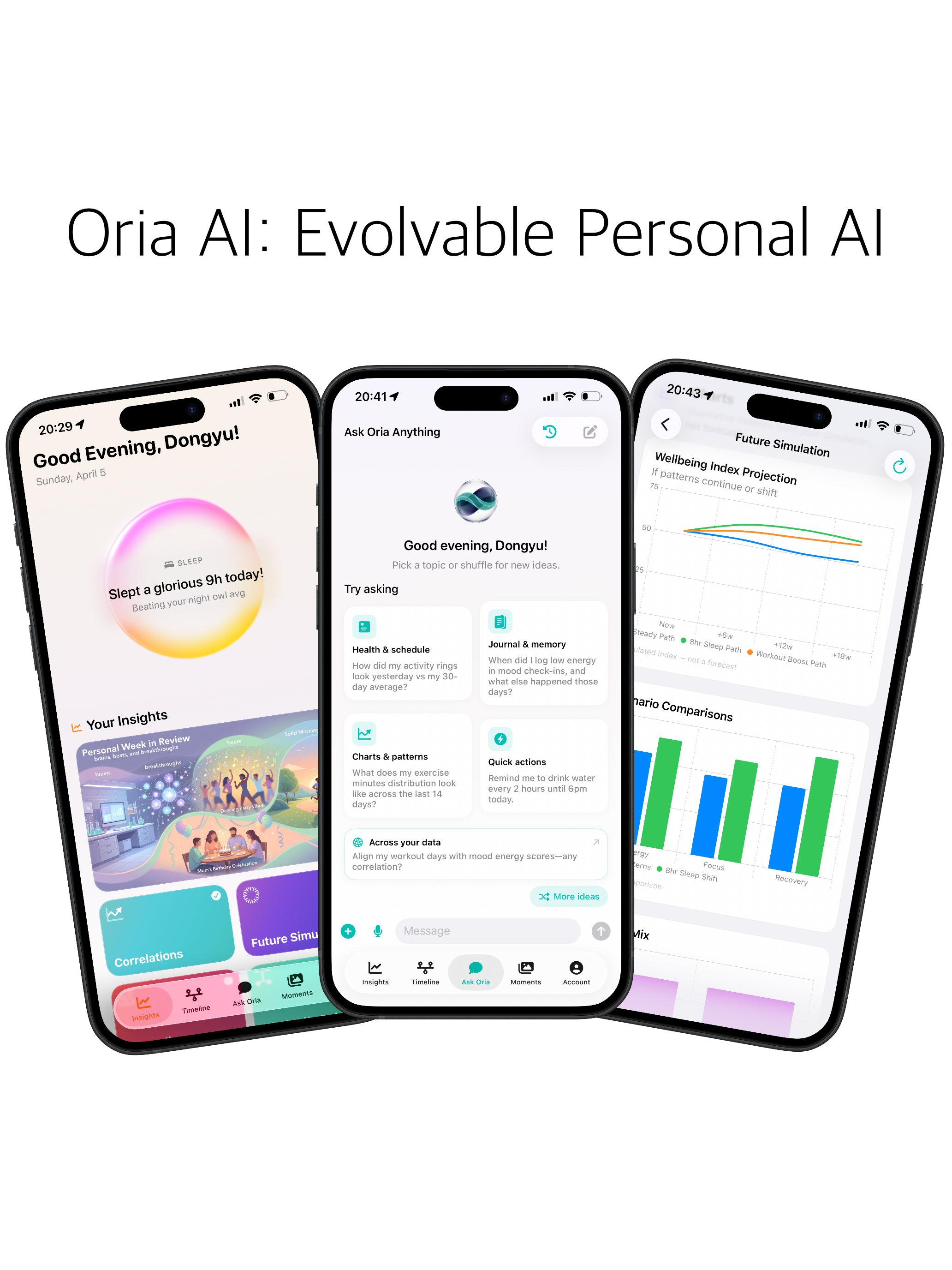 Oria AI app: Insights, Ask Oria, and Future Simulation on iPhone